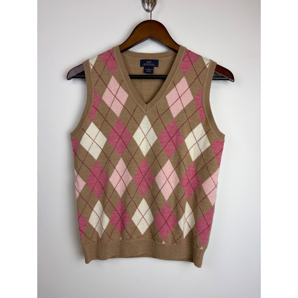 Brooks Brothers Sweater Vest S Tan Pink Argyle Merino Wool V-Neck Preppy Y2K